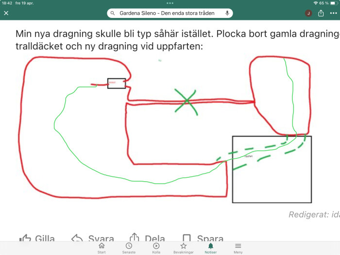 Schematisk bild av ny planerad trädgårdsdragning med röda och gröna linjer samt markeringar.