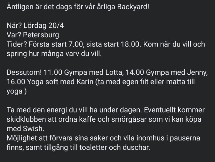 Textinnehåll om evenemang med löpning, gymnastik, yoga och information om faciliteter samt fika möjligheter.