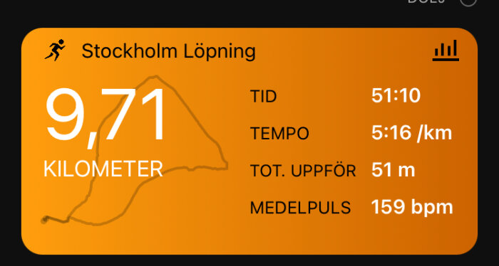 Skärmavbildning av löpningsapp med data för en löprunda i Stockholm, inklusive distans på 9,71 km, löptid, tempo, höjd och puls.