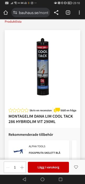 Flaska av montagelim Dana Lim Cool Tack 286 Hybridlim Vit 290ml på en webbshopsida.
