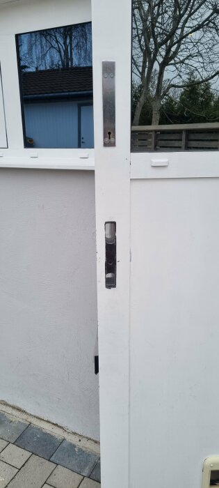 Vit dörr med låshus monterat på kanten, synliga skruvhål och låscylinder.