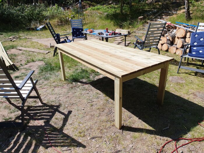 Hembyggt arbetsbord av trä i trädgård, tillverkat för att senare användas som trädgårdsbord.
