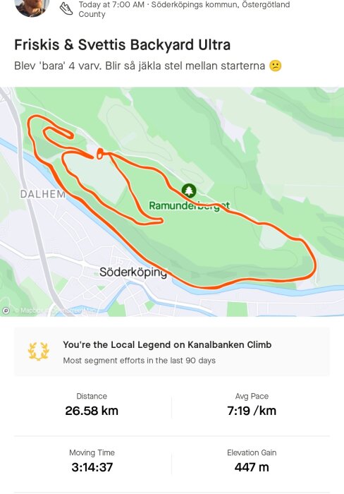 Kartskärmbild av löprunda markerad i rött med statistik: 26,58 km, tid 3:14:37, höjdvinst 447 m.