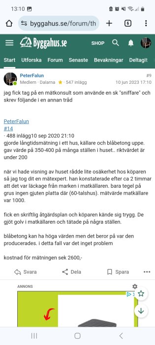 Skärmdump av ett foruminlägg om radonmätning i en källare med texter och användargränssnitt från byggahus.se.