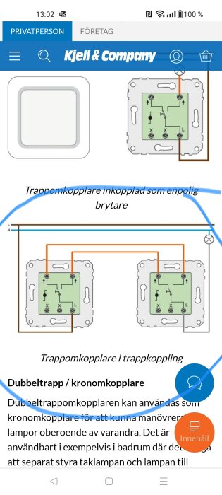 Schematisk illustration av en trappkopplare ansluten som enpolig brytare, samt en trappkoppling med två kopplare.