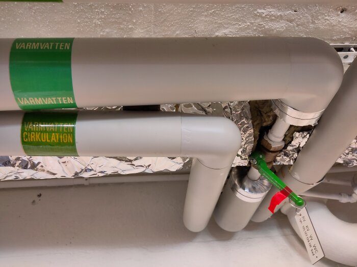 Avstängningskran för varmvatten med grön/red spak märkt med tagg.