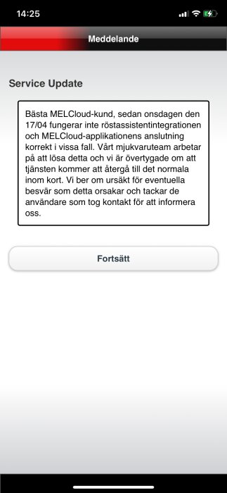 Skärmdump av ett service-meddelande om en teknisk issue med MELCloud.