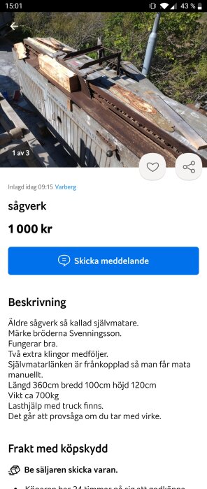 Äldre sågverk utomhus, märkt Bröderna Svenningsson, inklusive två extra borrklingor.