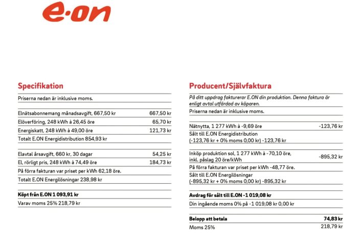 Elräkningsspecifikation från E.ON med jämförelse av kostnader för två olika månader.