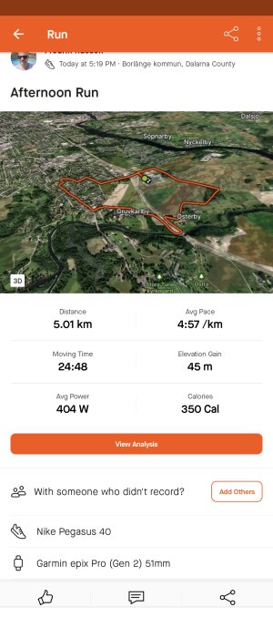 Skärmdump av en spårningsapp för löpning som visar en avklarad runda på 5,01 km med statistik och karta.