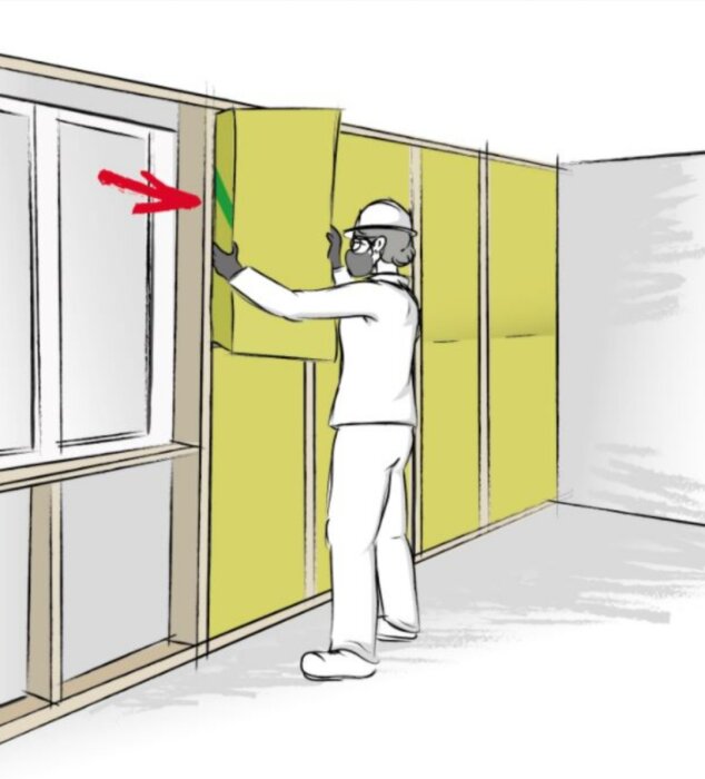 Person monterar isolering i en regelvägg bredvid ett fönster, indikerad planering för dörr.