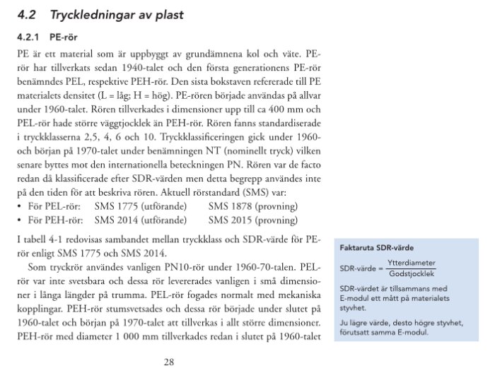 En sida ur en teknisk rapport om plasttryckledningar med text och tabeller relaterade till PE-rör och deras historiska standarder.