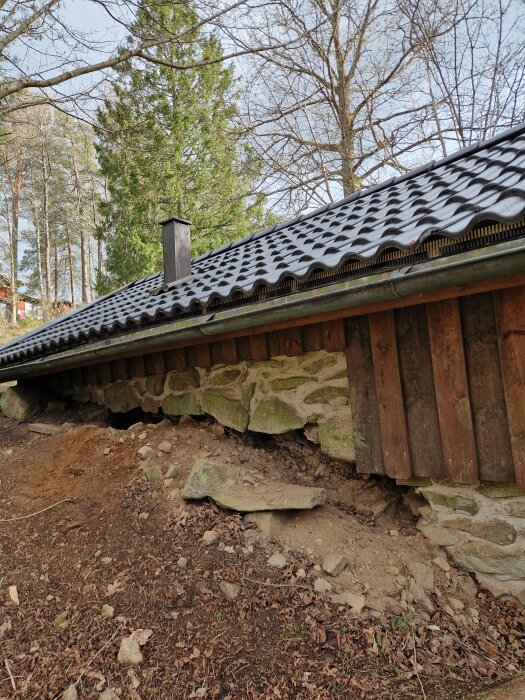 Stuga med svart tak och skorstensrör, delvis kollapsad stenvägg och eroderad mark nedanför i en skogsmiljö.