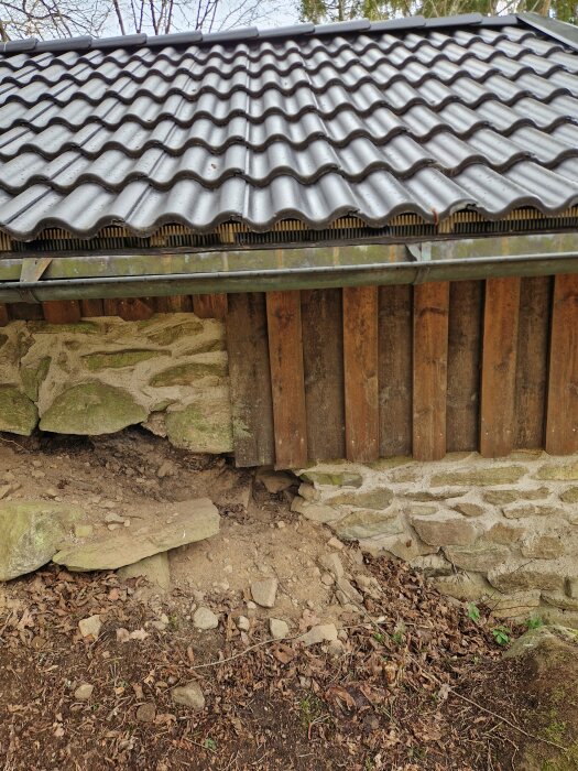 Skadad stenvägg vid trädgårdsstuga där jorden eroderat och skapat en lucka under taköverhänget.