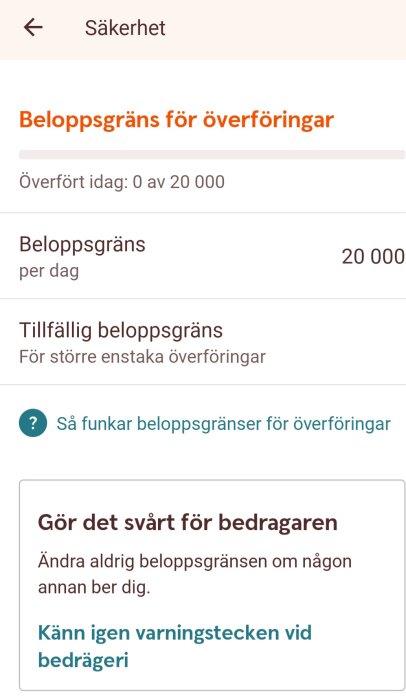 Skärmdump av säkerhetsinställningar visar beloppsgränser för dagliga överföringar och tips mot bedrägeri.