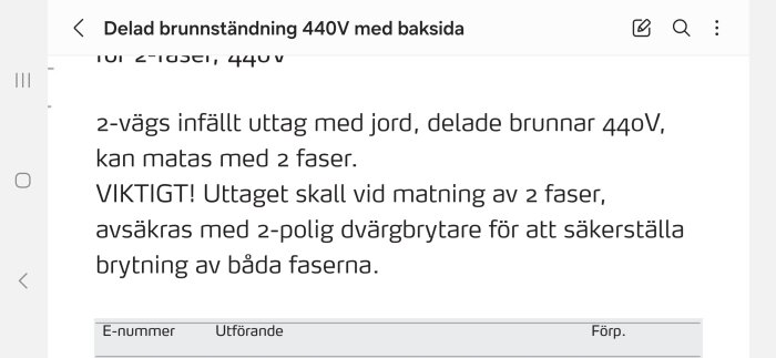 Skärmdump av montageanvisning för 2-vägs infällt uttag med jord och delade brunnar på 440V.