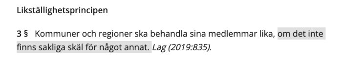 Textutdrag om likställighetsprincipen från 2 kap. kommunallagen enligt lag (2019:835).