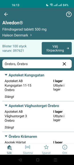 Skärmdump av en app som visar lagerstatus för Alvedon tabletter på olika apotek i Örebro.