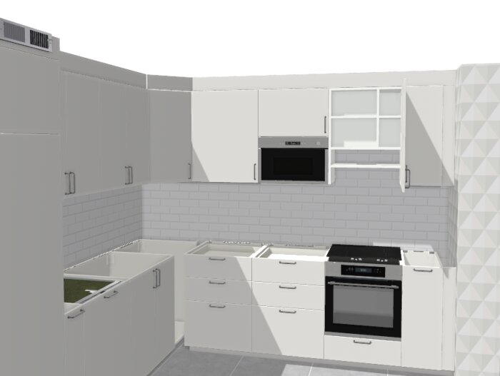 3D-ritning av ett vitt IKEA kök utan synlig spiskåpa, vitvaror, överskåp och luckor.