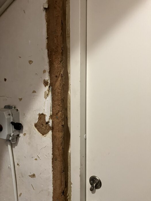 Oavslutad källardörr och karm med synlig råspont och skadat väggområde.
