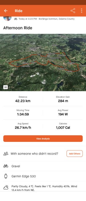 Screen capture av en cykeltur i en träningsapp med karta, rutt och träningsdata inklusive distans och tid.