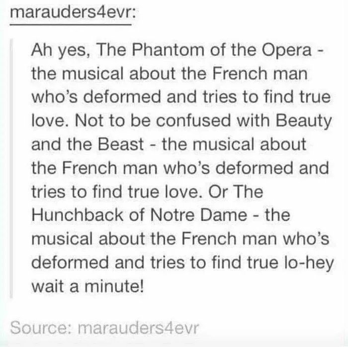 Skärmdump av en textpost som jämför tre musikaler om deformera fransmän som söker kärlek.