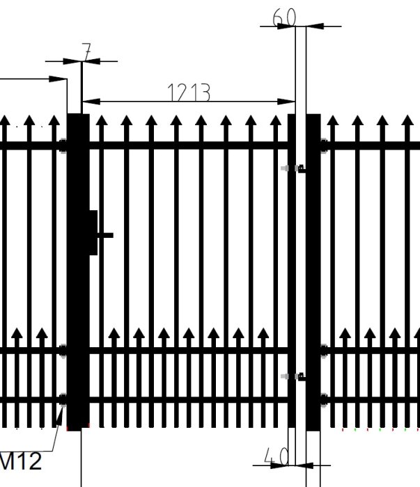Svartvit ritning av en trädgårdsgrind i stål med måttangivelser för stolpar och låsmekanism.