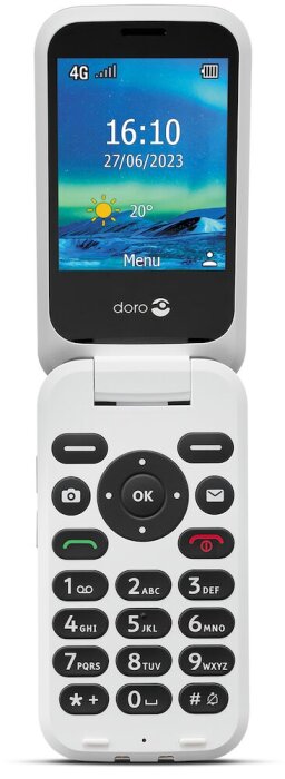 Enkel mobiltelefon av märket Doro med stora knappar och display som visar tid och datum.