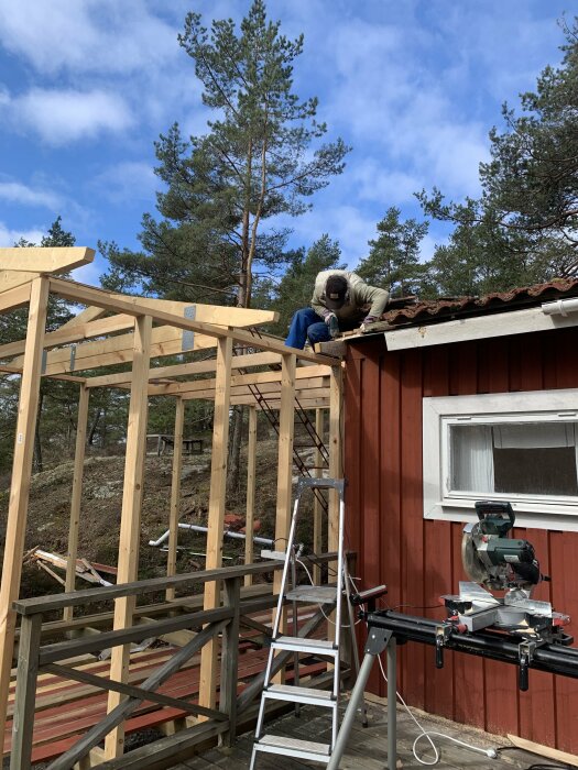 Person arbeter på takkonstruktion av en utbyggnad vid en röd stuga, omgiven av skog och byggverktyg.