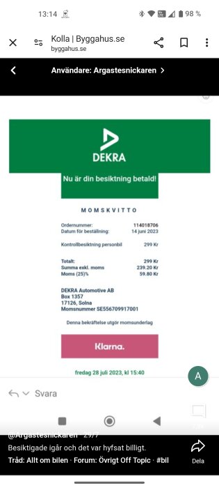 Skärmavbild av en kvittobekräftelse för en bilbesiktning från DEKRA Automotive, betald via Klarna.