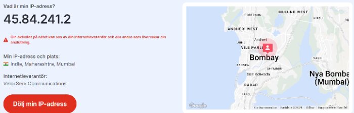 Skärmdump som visar en IP-adress, dess geografiska plats i Mumbai, Indien, och en Google-karta.