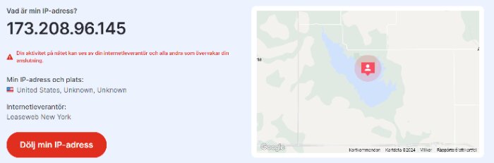 Skärmdump av IP-adressupplysning med karta som visar plats i USA.