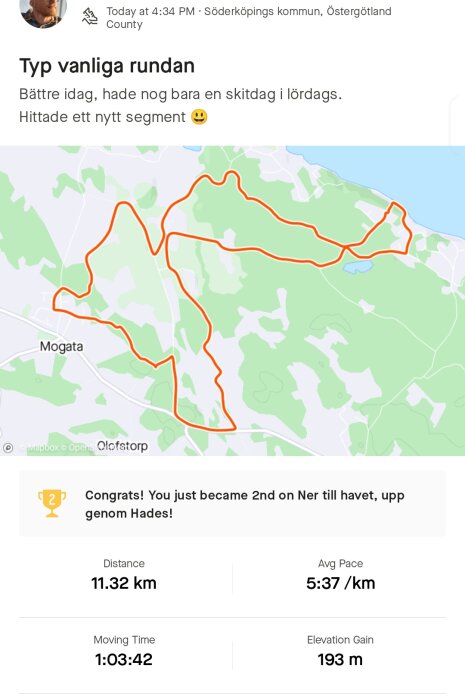 Kartskärmdump som visar löparsträcka på 11.32 km med tid och höjdinformation.