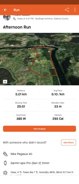 Skärmdump av en löpaktivitet på en träningsapp visande en karta och statistik inklusive distans, tid och kaloriförbrukning.