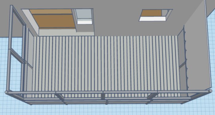 3D-rendering av en inglasad balkong med trätrall och målad plywoodplatta.