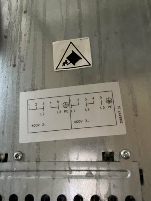 Eluttag med en varningsskylt och kopplingsschema för 400V trefas utan nolla på en metallbakgrund.