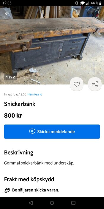 Använd gammal snickarbänk med underskåp och lådor i en verkstadsmiljö.