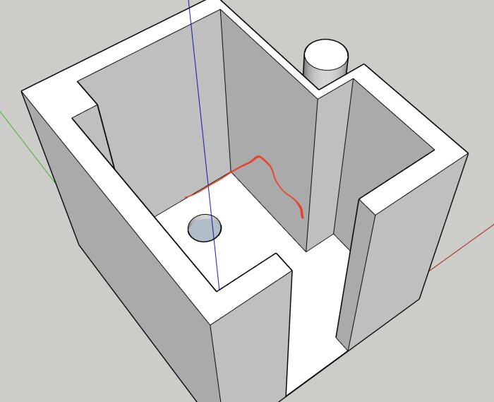 3D-skiss av ett badrumsplan med markerad röd ledning för föreslagen avloppsinstallation.
