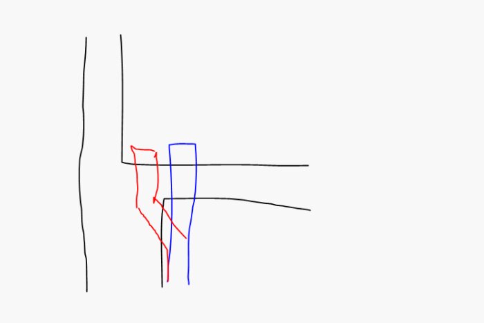 Enkel skiss som visar betongväggar och bjälklag i svart, avloppsrör i blått och förslag på böjning med röda linjer.