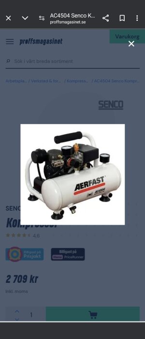 Oljefri Senco kompressor med 4l tank och Aerfast logotyp, visad på en webbutikssida med pris.