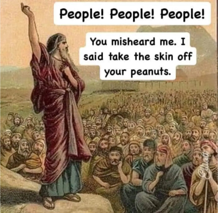 Illustration av person som talar till folkmassa med humoristisk pratbubbla om jordnötter.