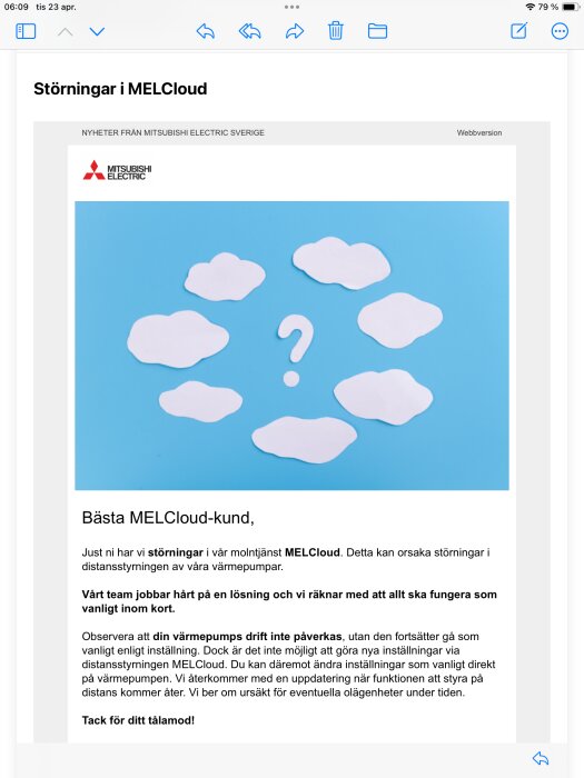 Meddelande om serviceavbrott i MELCloud med molnillustrationer och ett frågetecken, från Mitsubishi Electric.