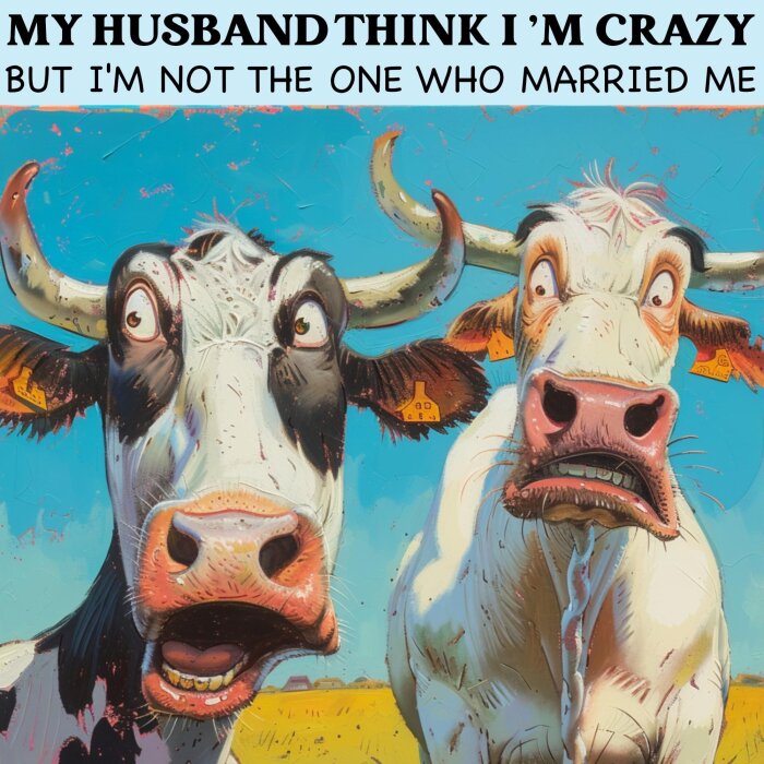 Illustration av två komiska kor med text som skämtsamt talar om äktenskap.