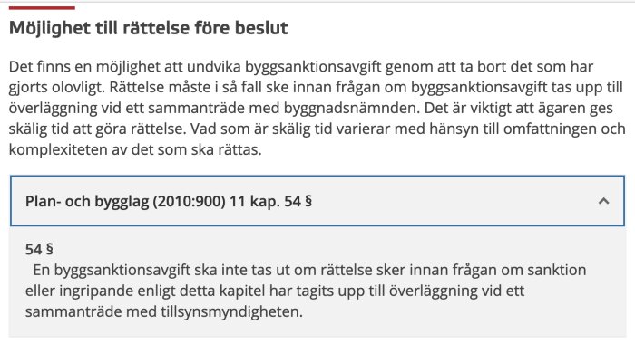 Skärmdump av webbsida med text om rättelse före beslut enligt Plan- och bygglagen med hänvisning till 11 kapitel, 54 §.