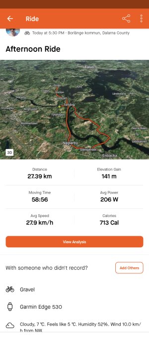 Skärmbild av cykelturdata med karta, sträcka, tid, snitthastighet och väderinformation.