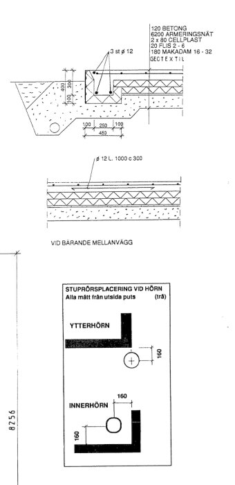 Teknisk ritning av dräneringslösning med mått och materialindikationer för att hantera vattenavledning.