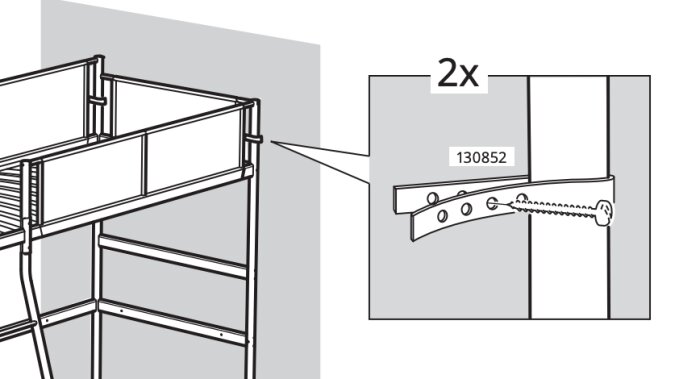 Illustration från IKEA instruktioner visar hur en VITVAL loftsäng fästs i en vägg med skruvar och beslag.