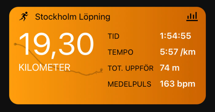 Resultatskärm för löpning i Stockholm visar 19,30 kilometer, tid 1:54:55, tempo 5:57/km, total uppför 74 m, medelpuls 163 bpm.