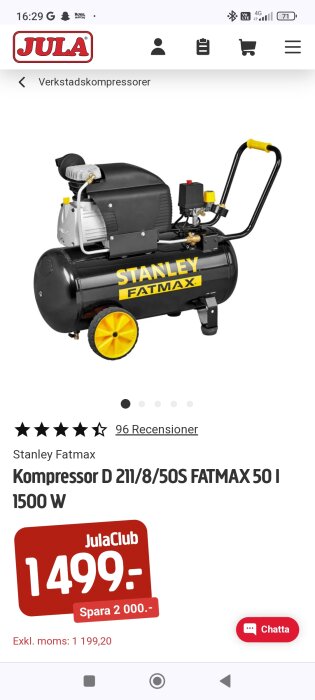 Stanley Fatmax svart verkstadskompressor med gula detaljer på en webbshop-sida.