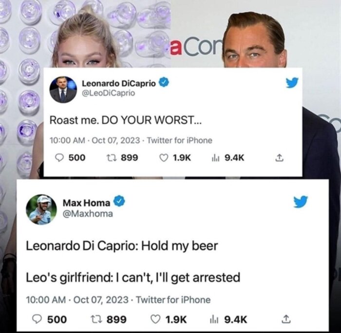 Skärmavbild av Twitter-inlägg med roasts riktade mot Leonardo DiCaprio.